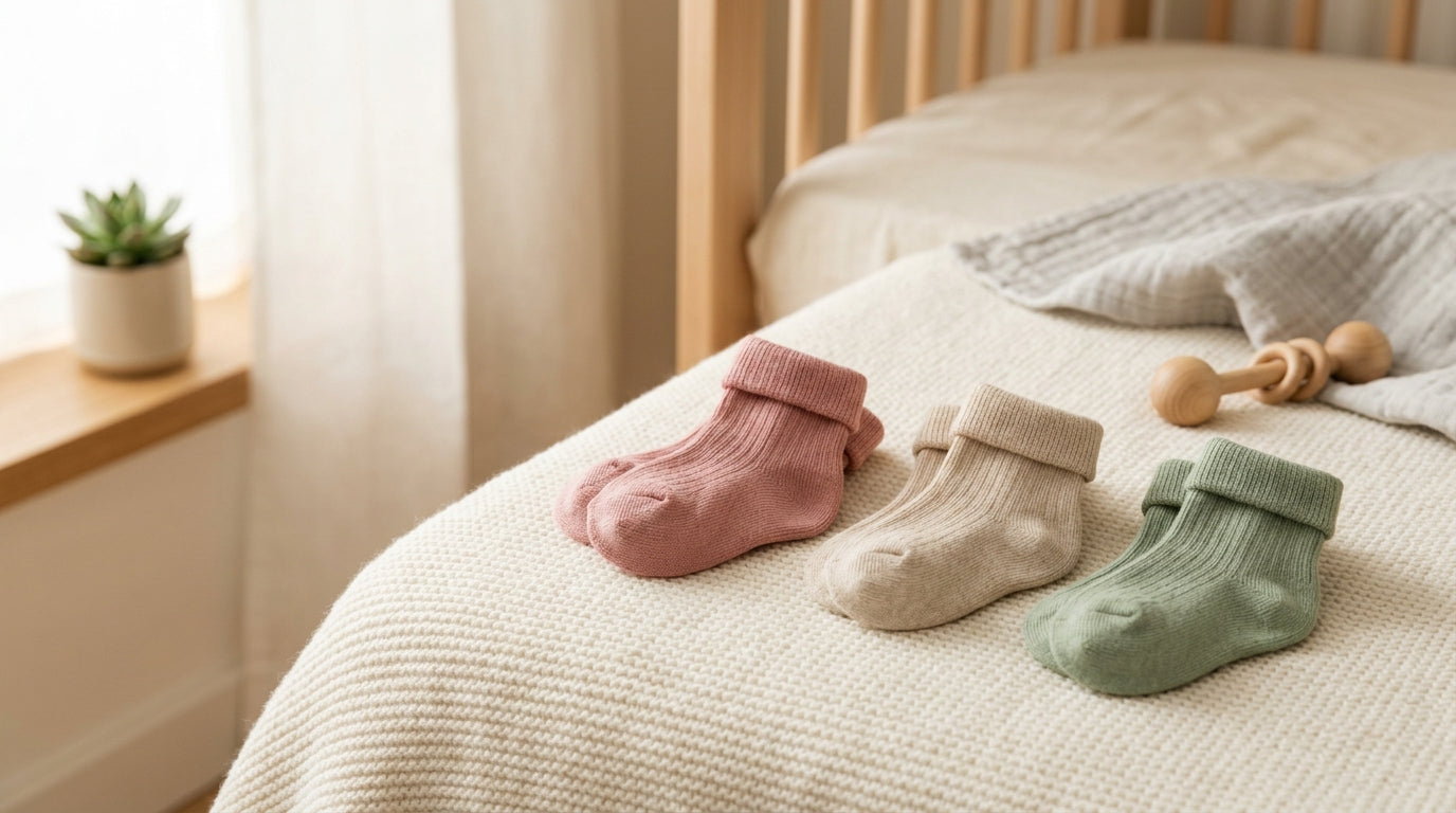 A tired mom holding a tiny organic baby sock while drinking coffee.