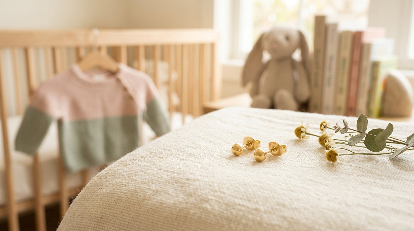 Close up of a sleeping infant's ear with a tiny yellow gold stud
