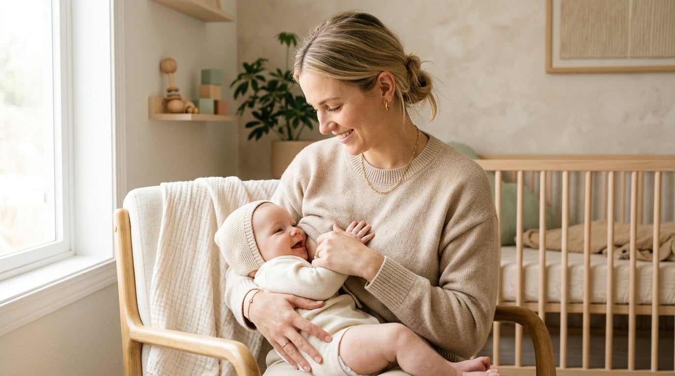 An exhausted mom in a messy bun looking at her phone while holding a baby (max 125 chars)