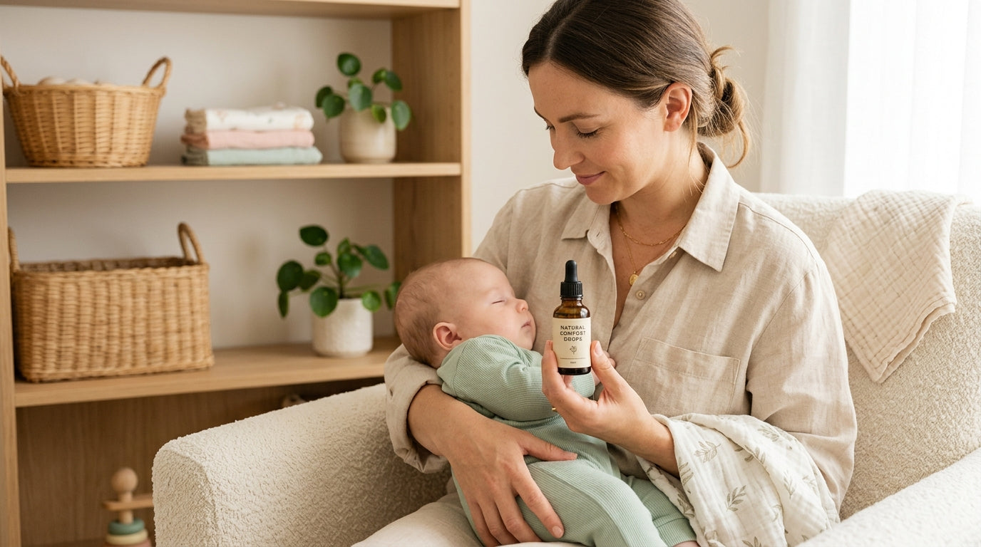 Exhausted mom holding a crying baby in the kitchen at night