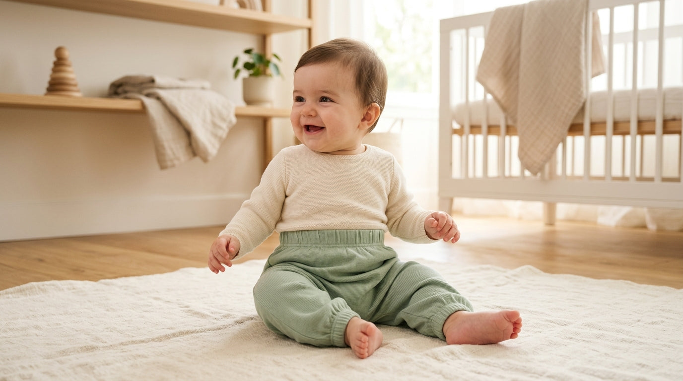 Baby crawling on a rug wearing organic cotton drop crotch harem pants