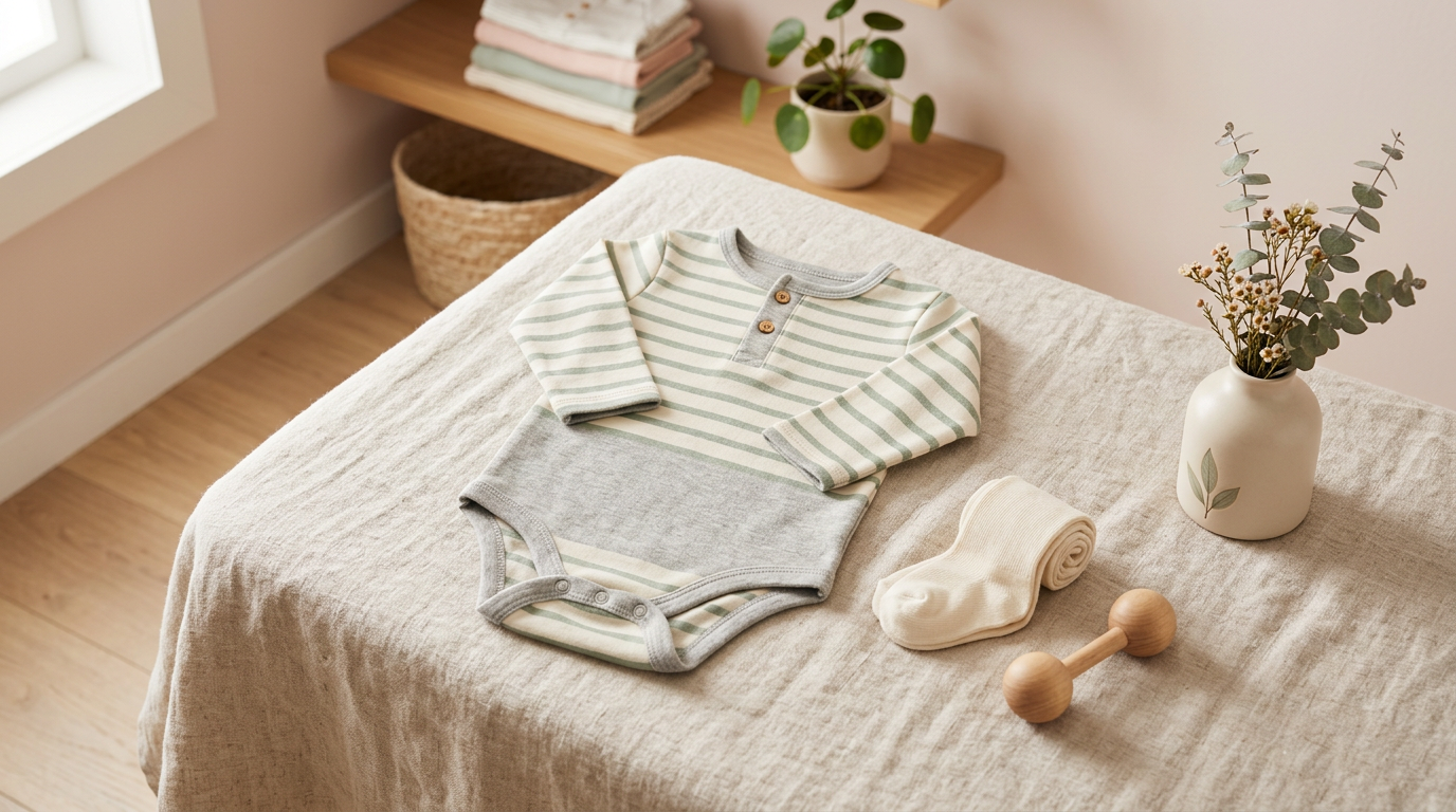 Baby in a green footless long sleeve romper crawling on a hardwood floor