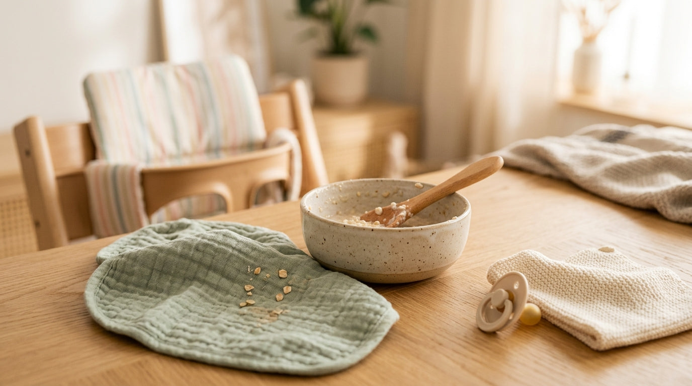 Exhausted dad looking at a kitchen wall covered in dried infant oats.