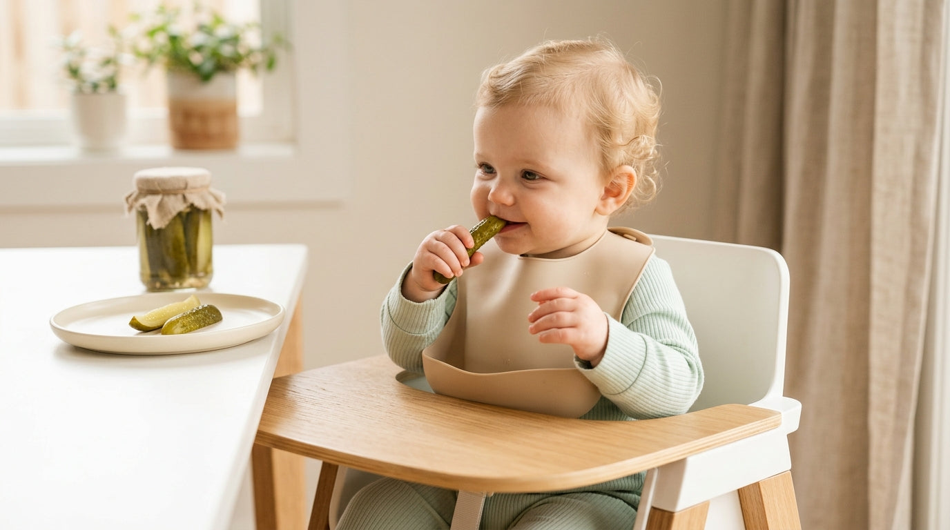 A baby making a hilarious sour face after tasting a pickle spear for the first time in a highchair.