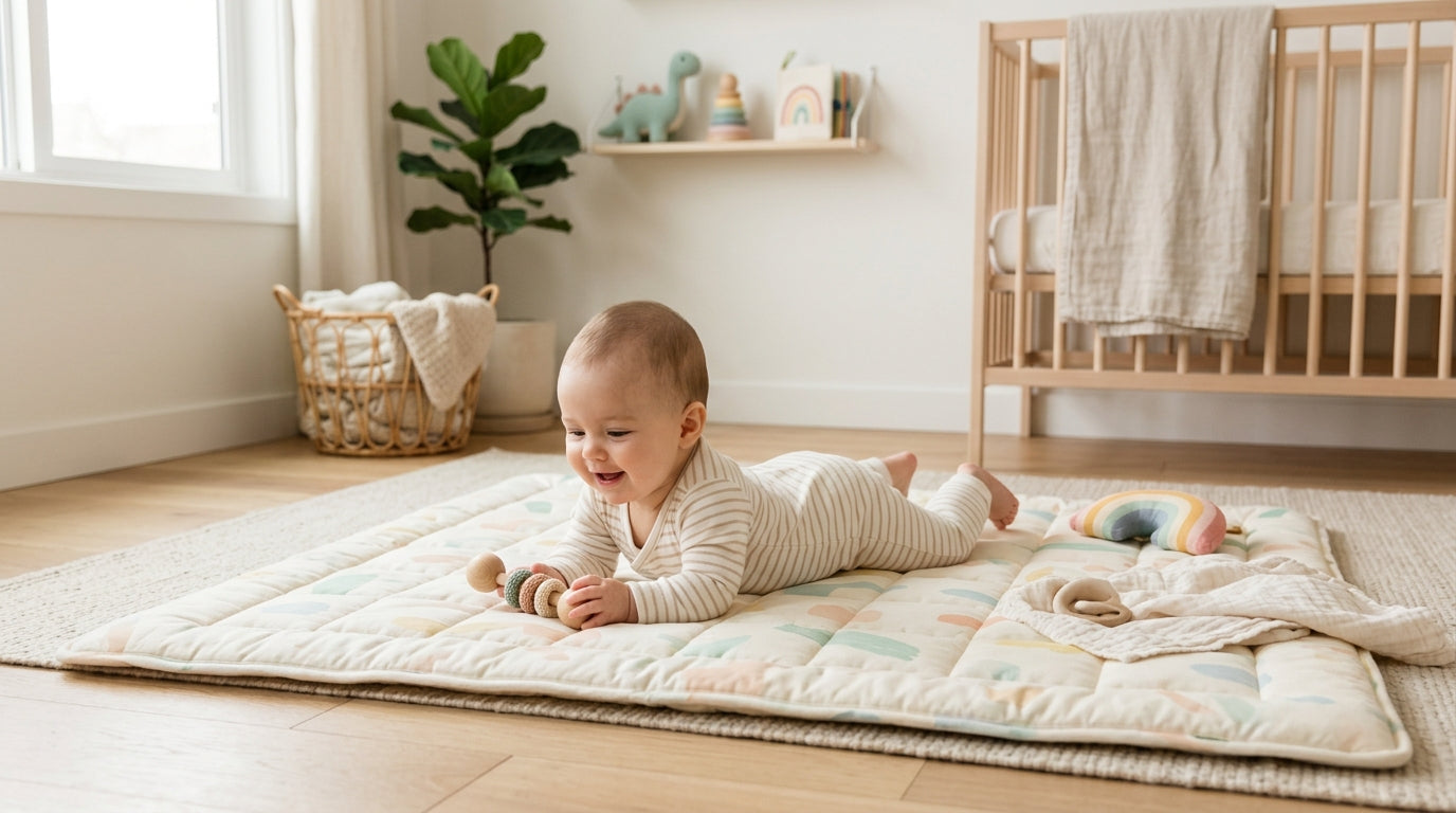 Two babies lying on a high contrast floor area surrounded by wooden toys