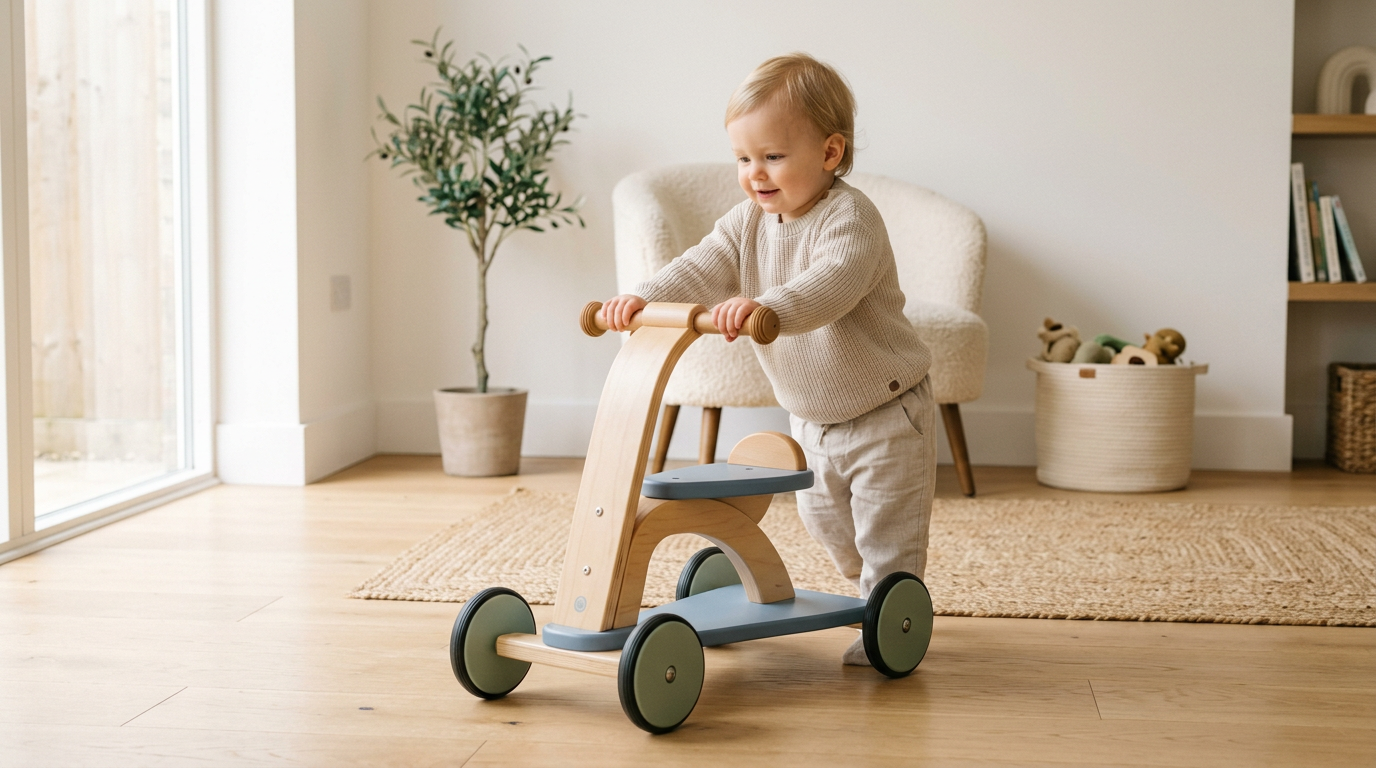 Toddler testing balance on a three-wheel sit to stand infant scooter at the park