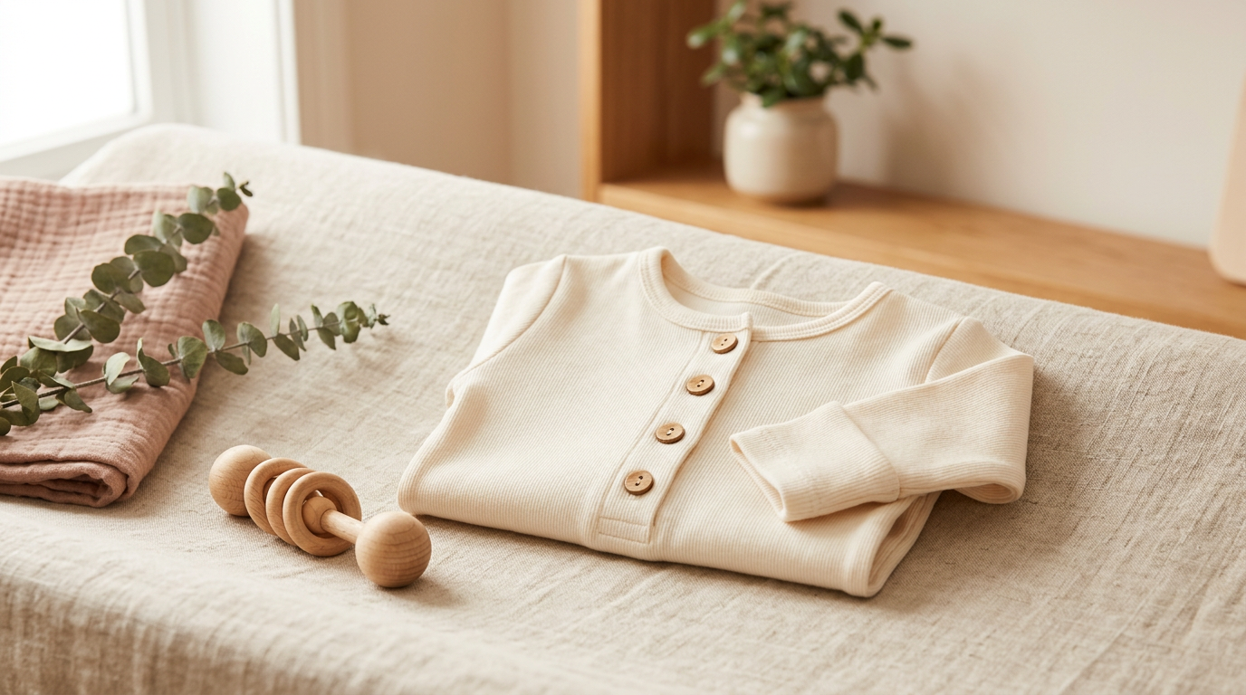 A pile of folded organic cotton side-snap baby clothes on a wooden dresser