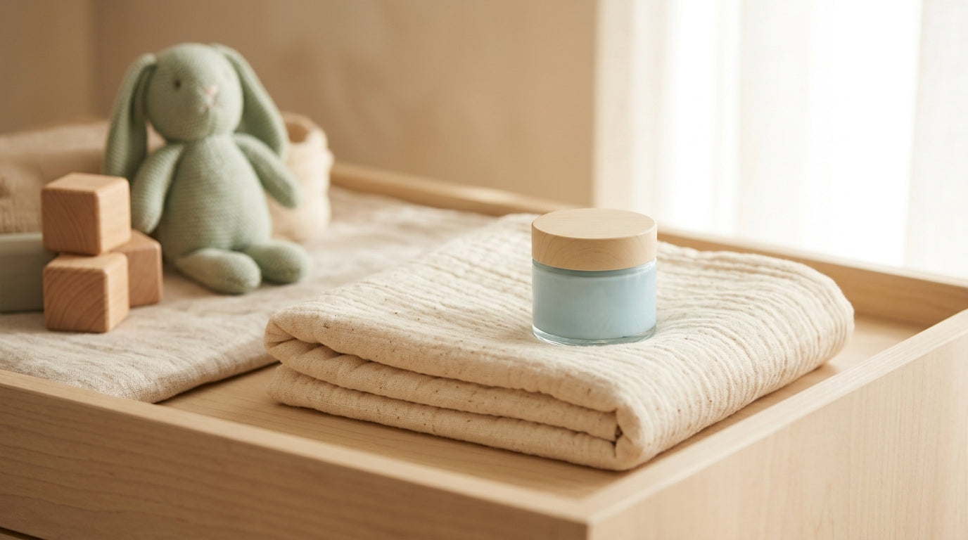 Tired mom holding a baby while looking at her phone in a messy living room
