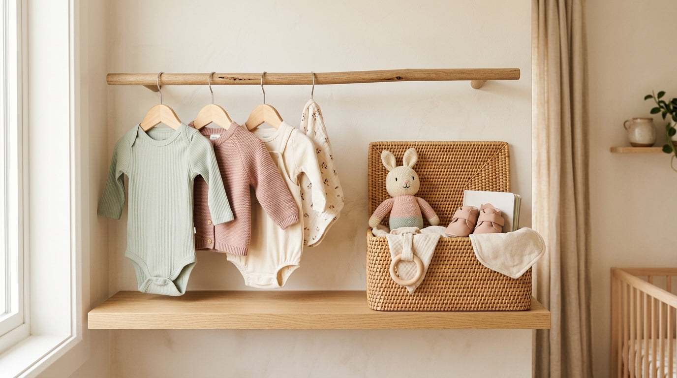 Folded organic cotton infant bodysuits and untreated wooden teething rings on a bed