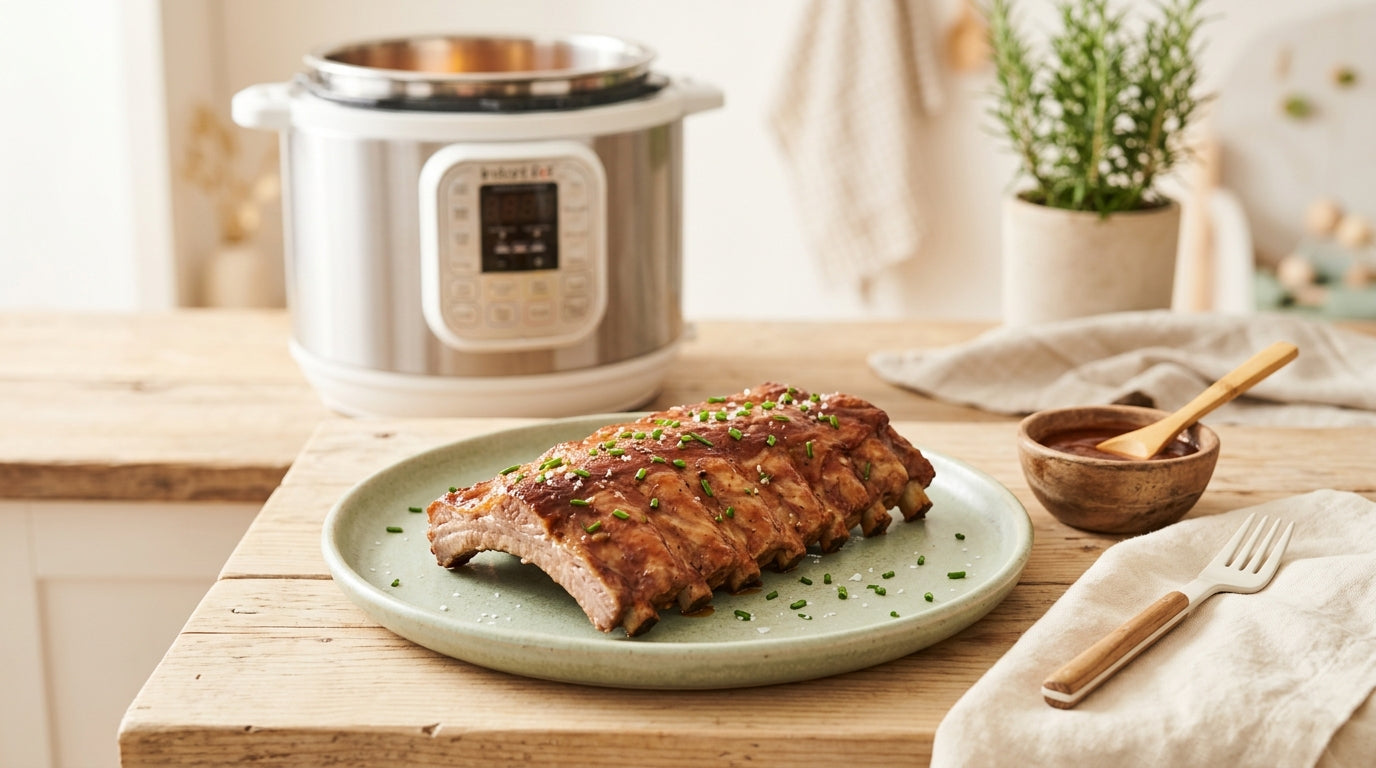 Dad wiping BBQ sauce off twin babies sitting in high chairs eating tender ribs