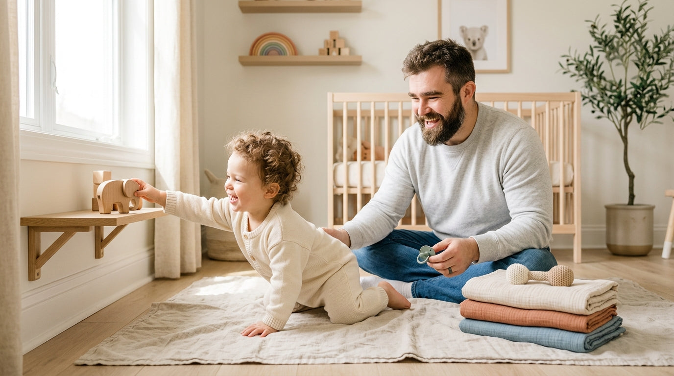 A pregnant mother and partner holding a fan and a baby teether