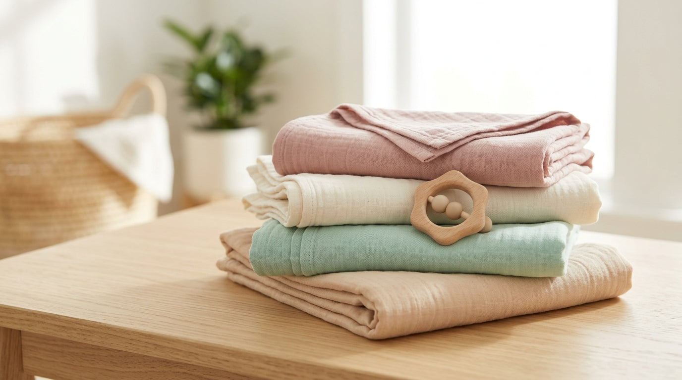 A mother holding her newborn baby securely in an ergonomic carrier