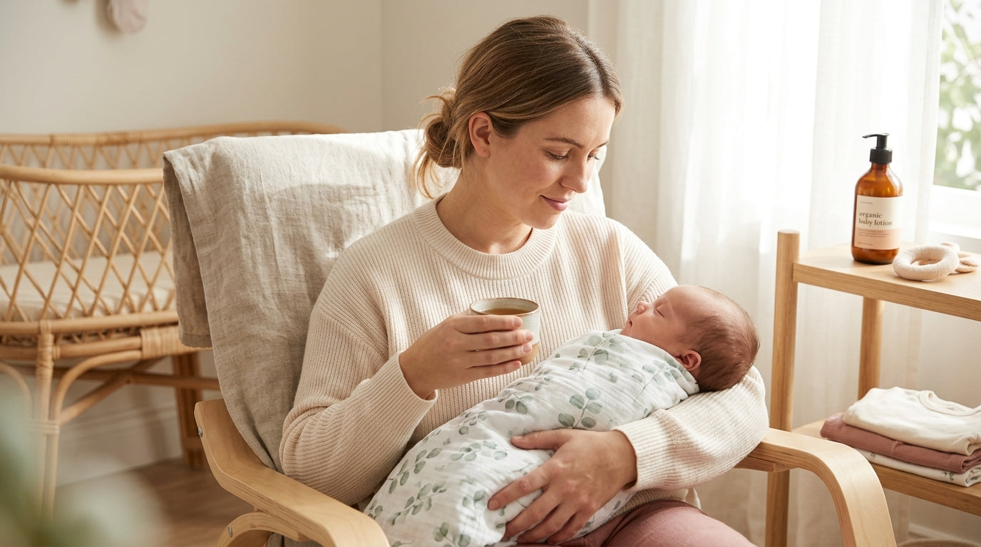 A deeply tired father holding two identical baby outfits while staring at his phone.