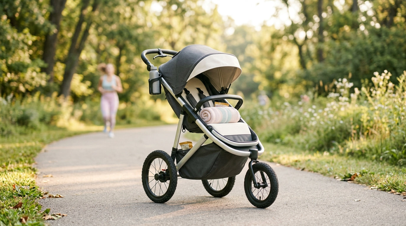 A dad pushing a jogging stroller on a paved trail while looking exhausted