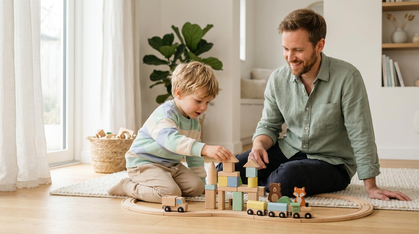 A wooden balance board and blocks scattered across a messy living room rug