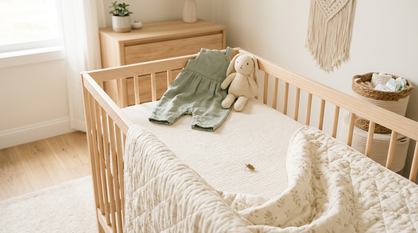 A small wingless nymph bug crawling near a wooden baby play gym