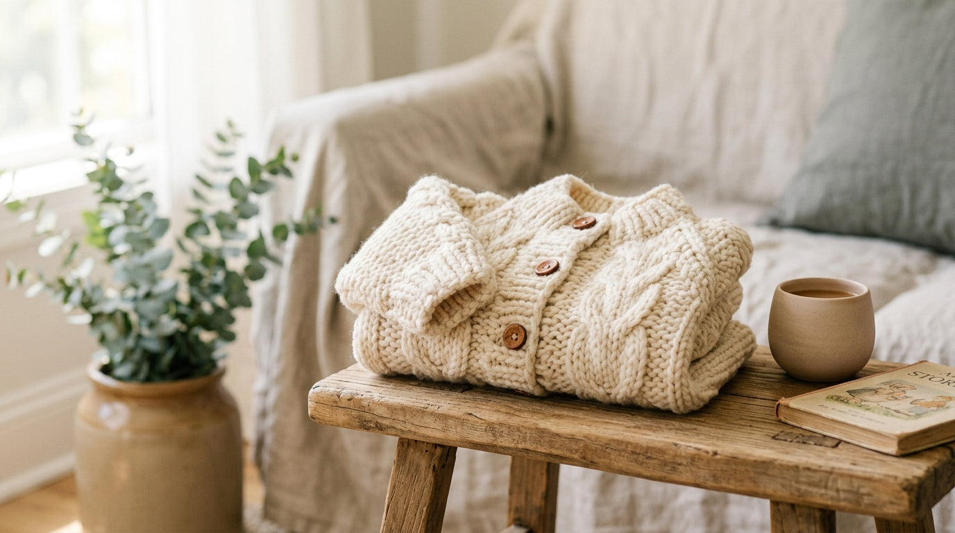 A frustrated mom holding a coffee next to a toddler in a chunky winter sweater.