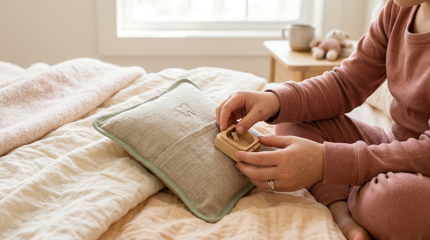 A frustrated mom holding a baby while looking at her older child's loose tooth.