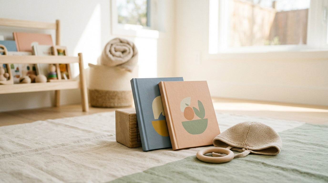 A stressed mom holding a coffee while her toddler dances in a grocery store aisle