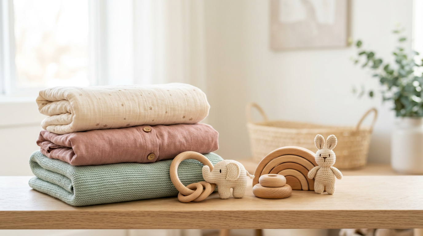 Stressed parent looking at phone searching for kids stores near me while holding a baby