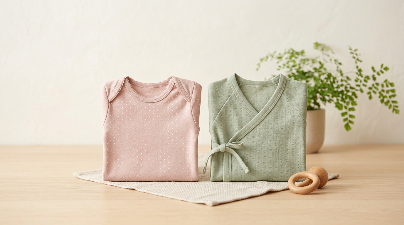 Mother dressing her newborn baby in a side-snap wrap shirt