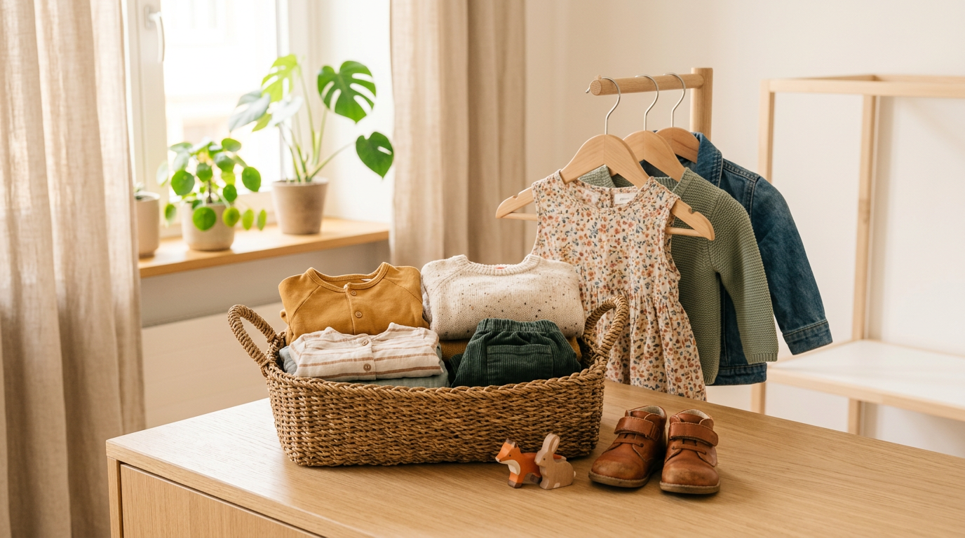 Mom sorting through a pile of used baby clothes at a consignment shop