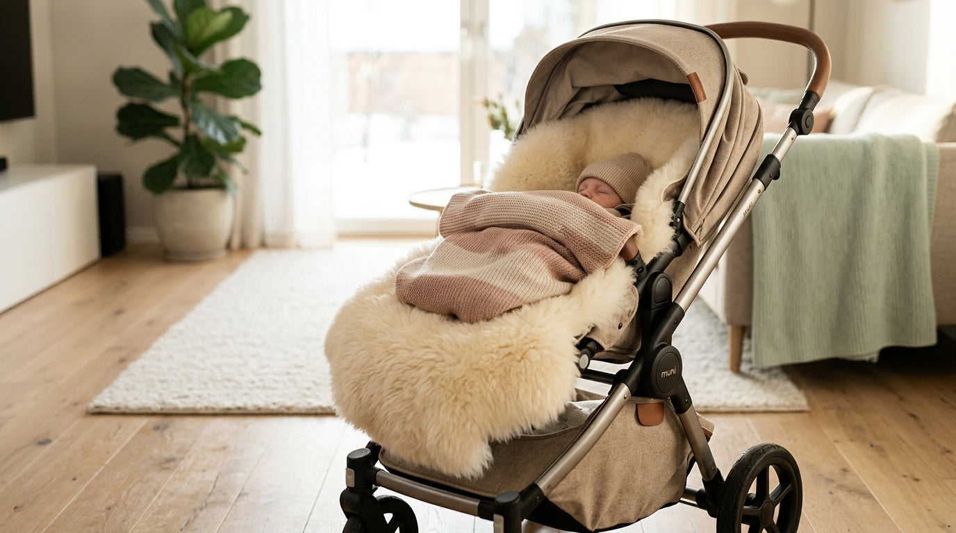 A baby sleeping safely in a stroller with a short-pile lambskin insert and an organic cotton blanket during a cold walk.