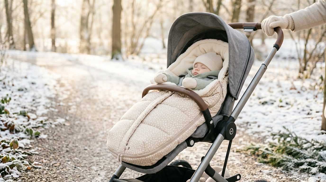 A cozy kinderwagen sack sitting in a stroller on a snowy porch.