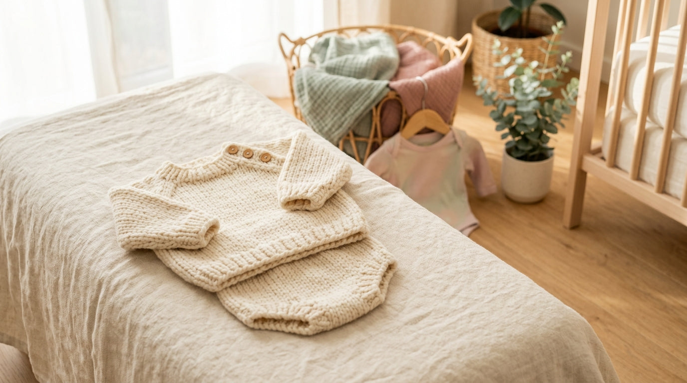 Exhausted dad staring at a thick knitted jumper with impossible wooden buttons