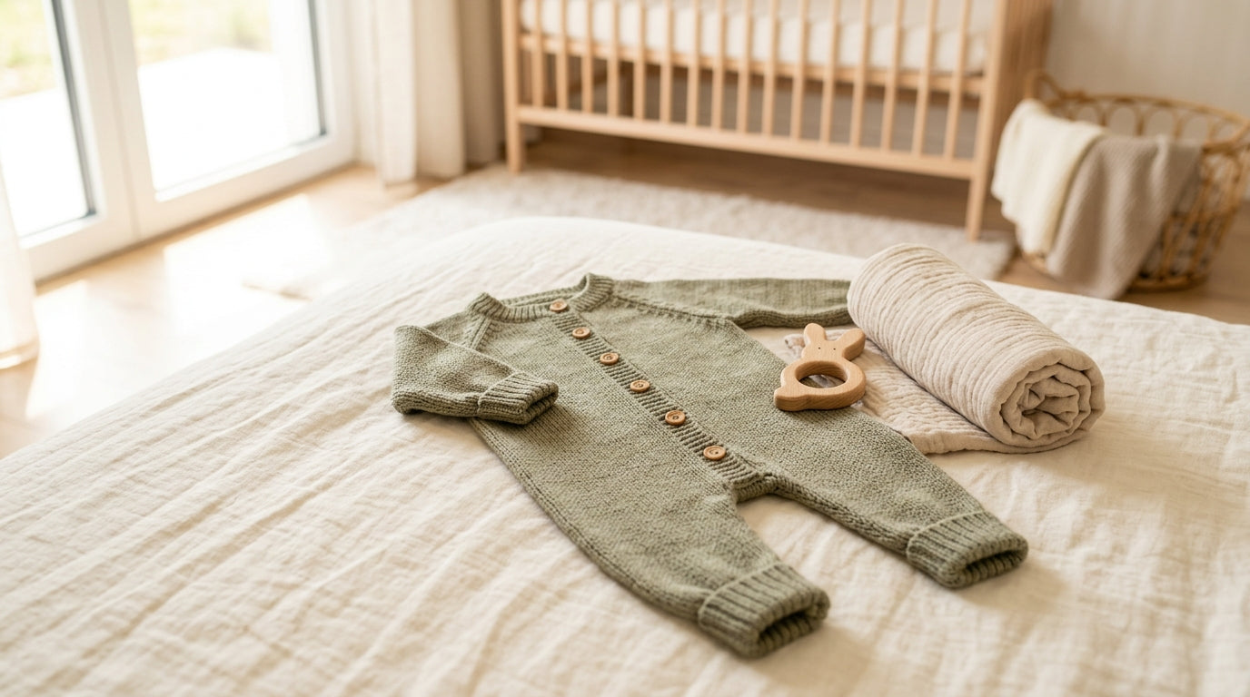 Tired mom folding a stack of soft organic cotton baby rompers on a messy bed.