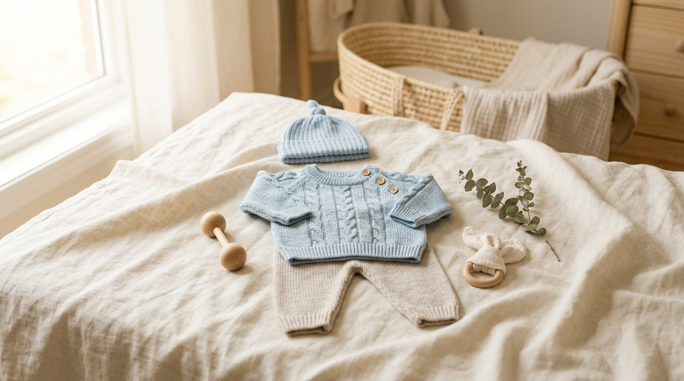 A chunky sage green knitted newborn outfit for a baby boy on a bed next to a cold cup of coffee.