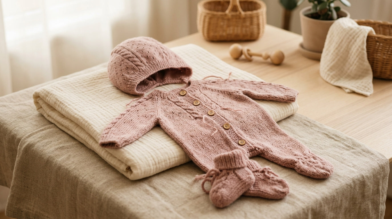 A bewildered dad holding up a ridiculously complicated hand-knit baby sweater