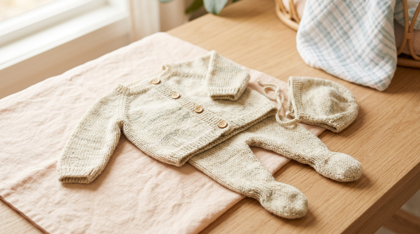 A tired dad holding two babies in ribbed knit rompers trying to snap the crotch buttons