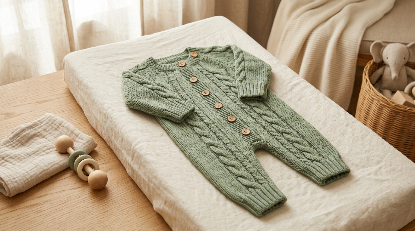 A frustrated dad inspecting the hardware on a knitted baby romper