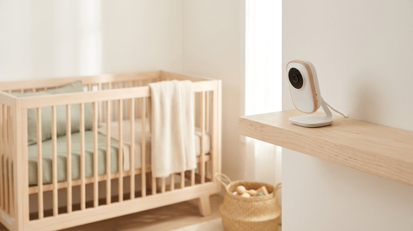 A secure non-wifi baby monitor sitting on a wooden nursery dresser