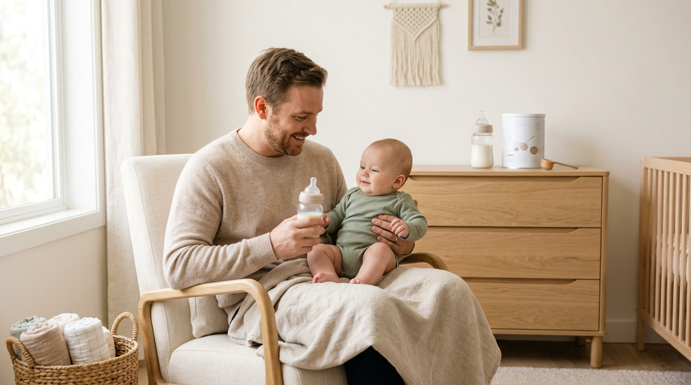 Frustrated dad holding a bottle of lactose free baby formula at night