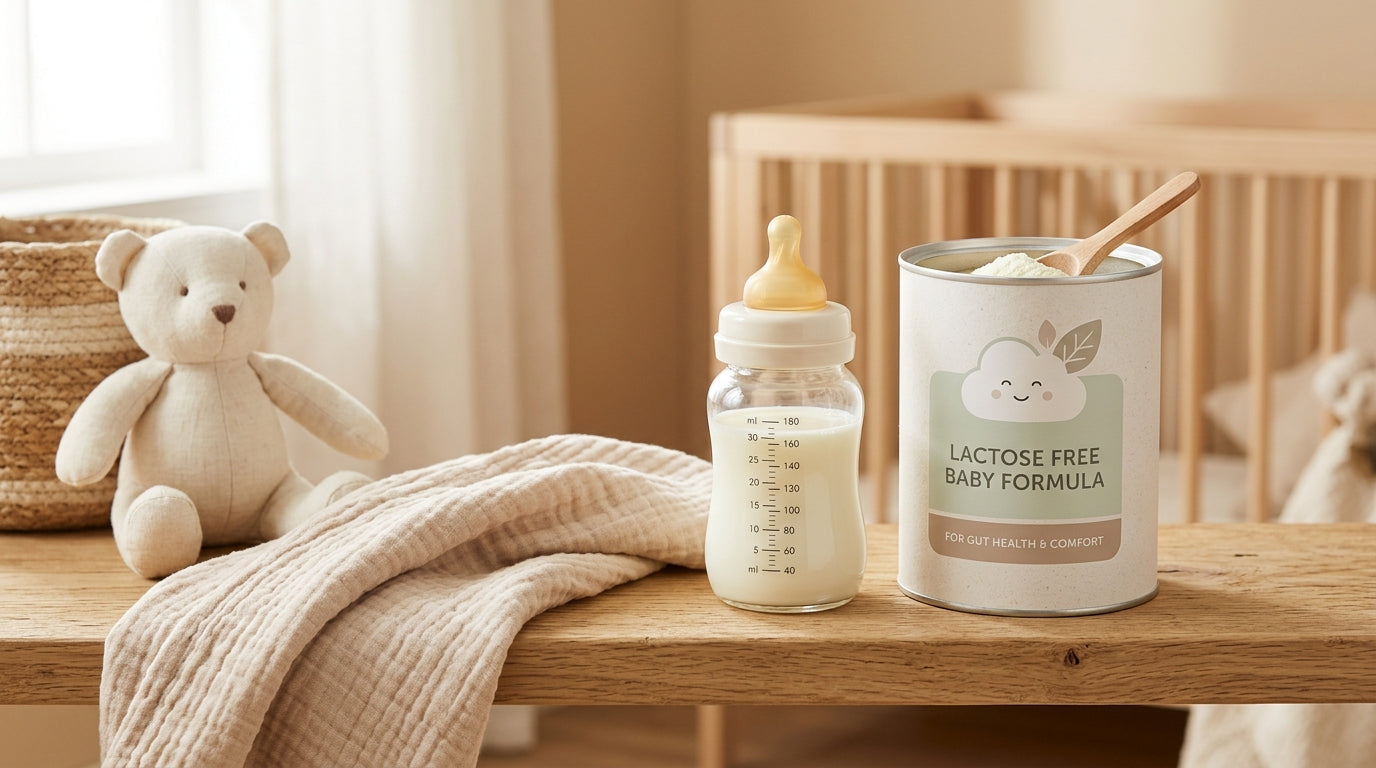 Exhausted dad staring at baby formula bottles in a dark kitchen