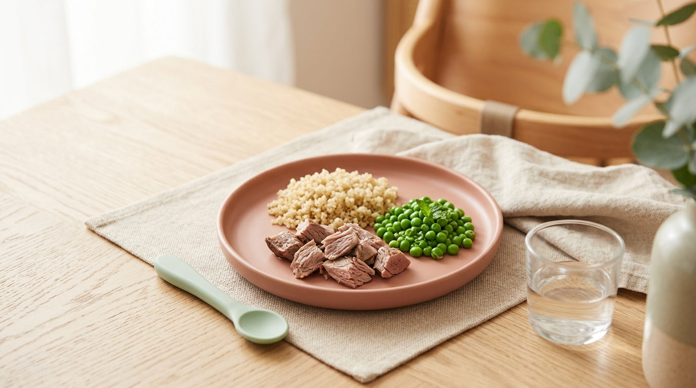 Baby eating pureed meat in a highchair while sitting next to a wooden play gym