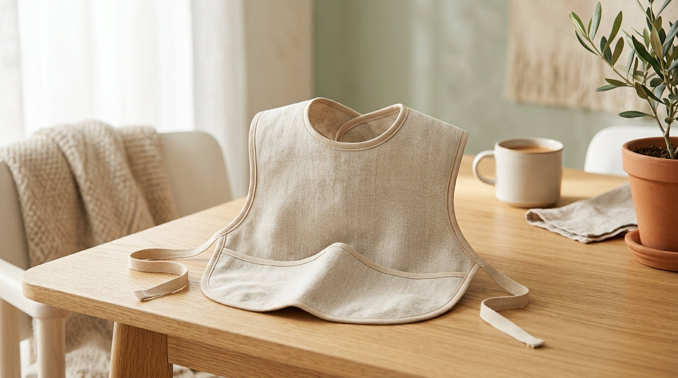 A folded dark cotton adult clothing protector resting on a dining table next to tea.