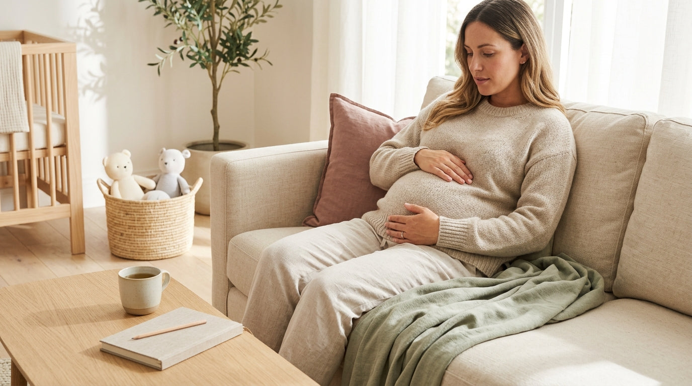 Pregnant mother sitting on bed holding her belly