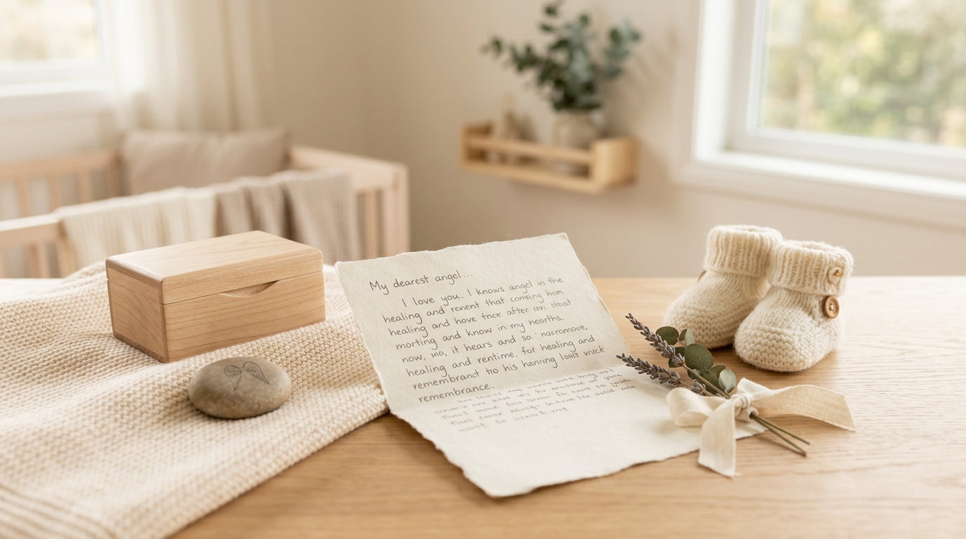 Mom looking at a wooden keepsake box holding a tiny hospital bracelet and sonogram