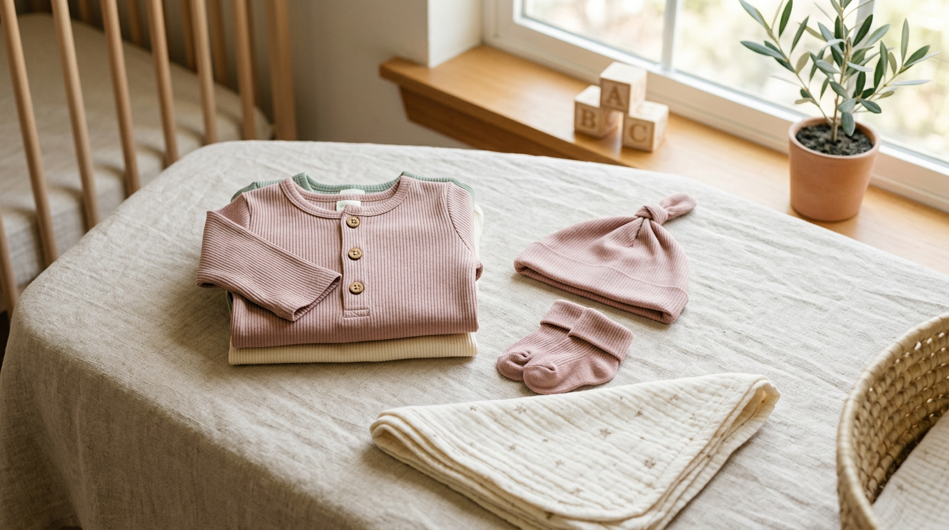 Folded organic cotton onesie set on a wooden nursery dresser