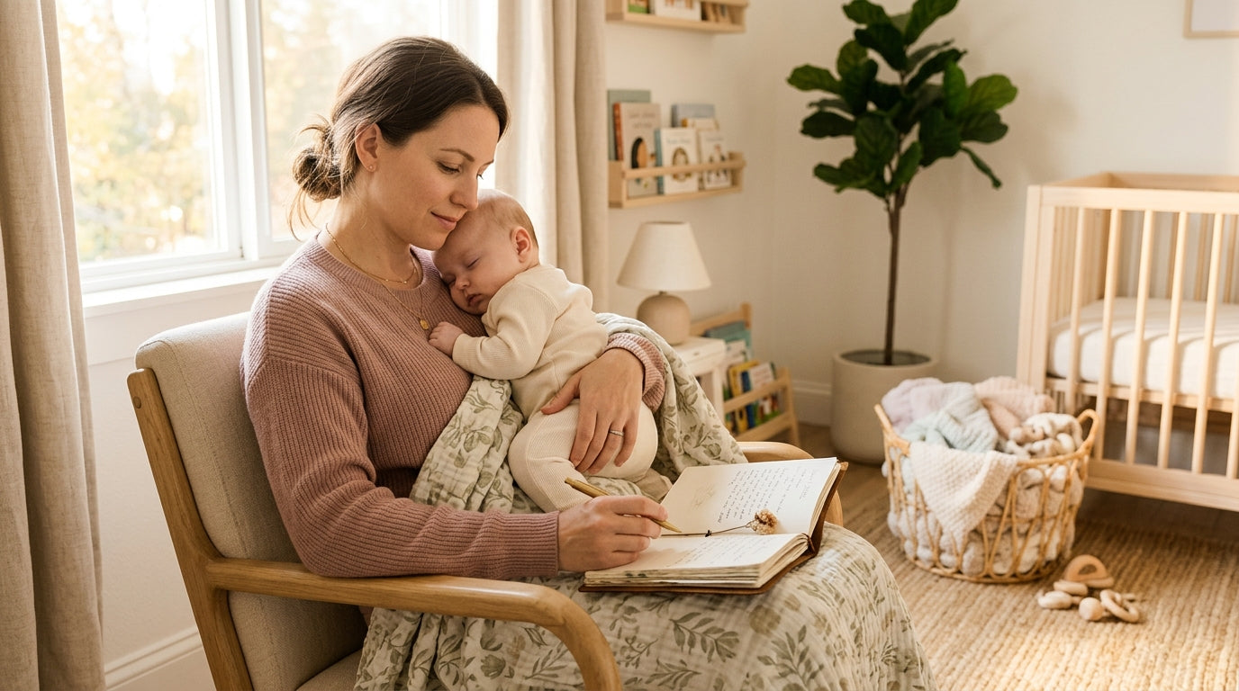 Exhausted dad holding a crying baby wrapped in an organic cotton blanket