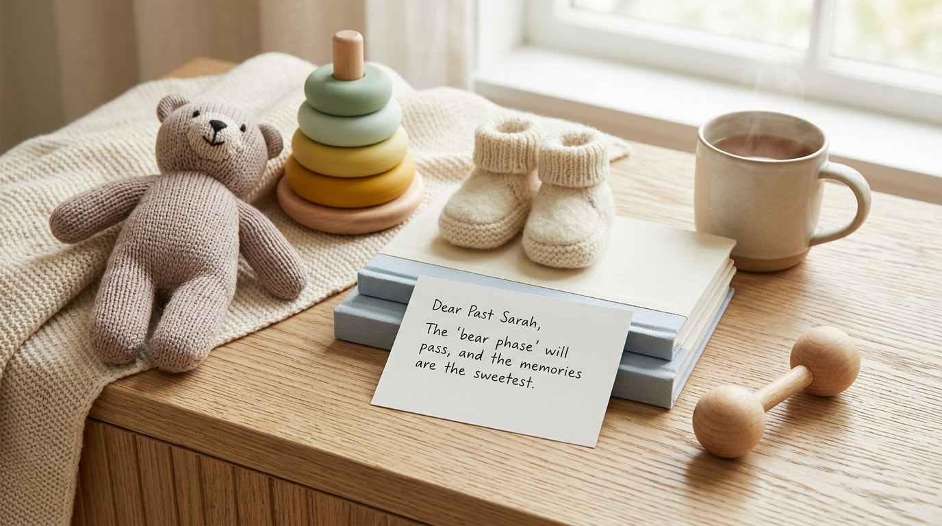 Toddler doing the hands and feet crawl on a wooden floor next to toys