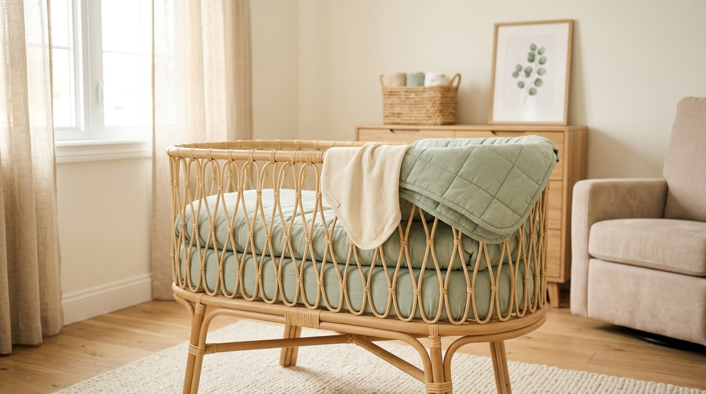 A tired mom in sweatpants looking at a modern wooden bedside bassinet