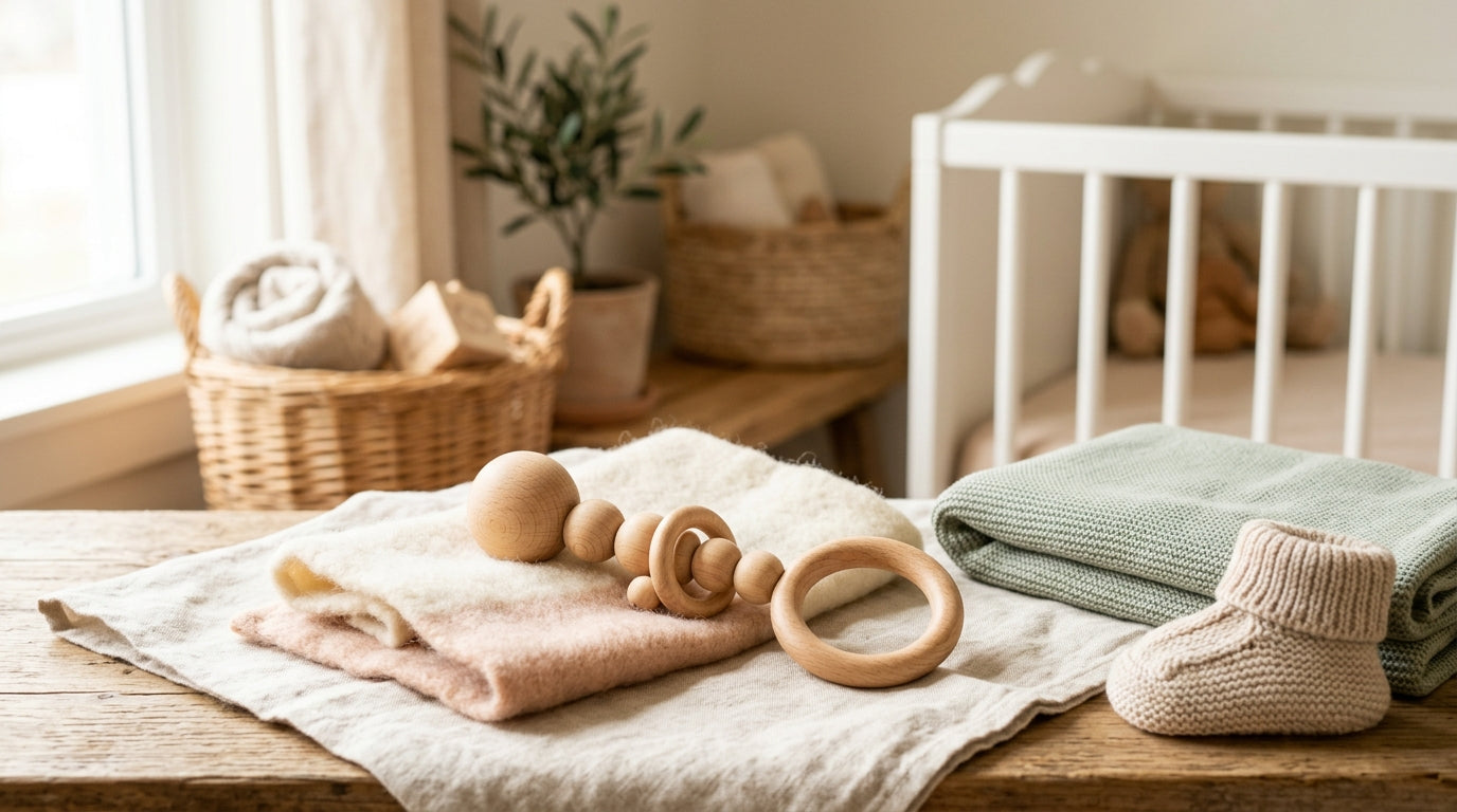 A tired dad holding a wooden baby toy and a coffee cup
