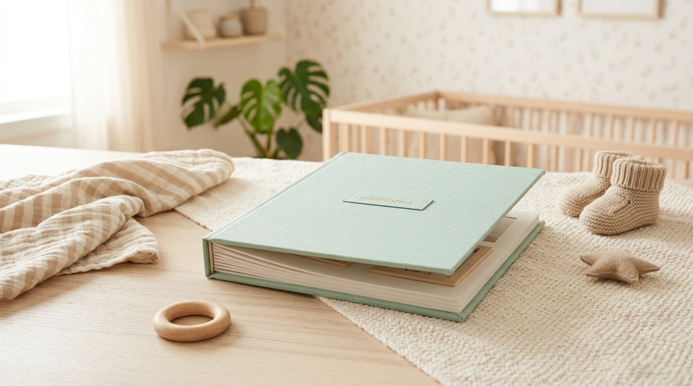 Tired dad looking at a baby photo album surrounded by baby toys