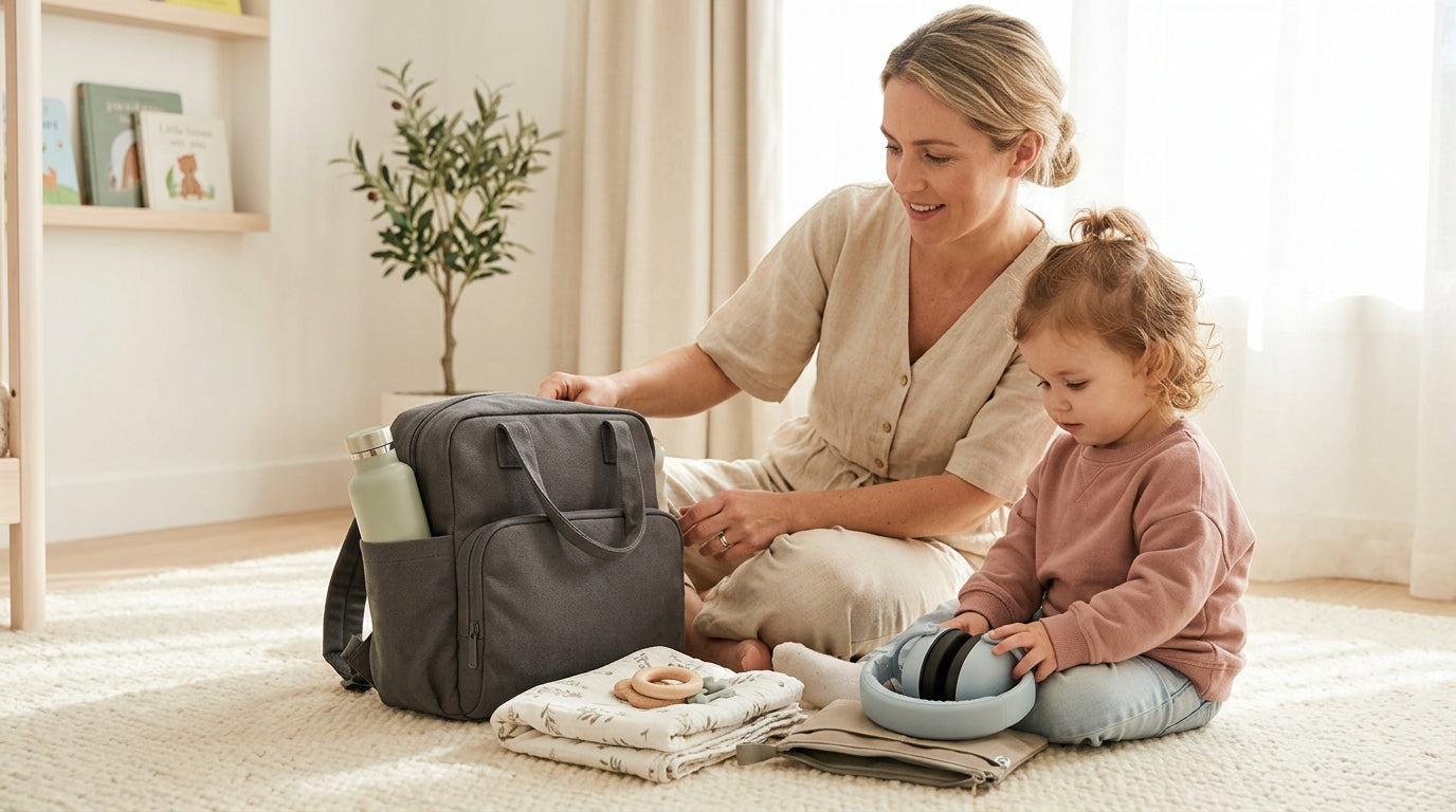Mother wearing toddler in carrier at an outdoor summer music festival