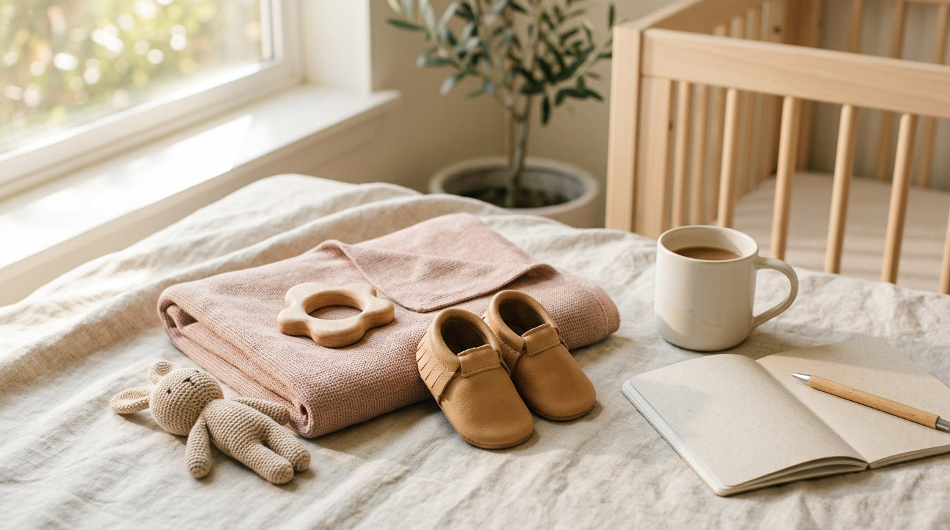 Mother holding a baby while looking at a smartphone screen with a music app open