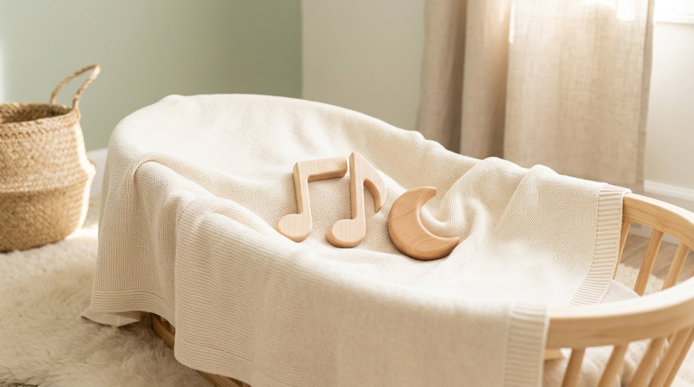 A tired mom holding an acoustic guitar and a baby teether in a messy nursery.